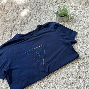 Vintage navy blue bedazzled, jeweled 90s colorful emblem women’s T-shirt.